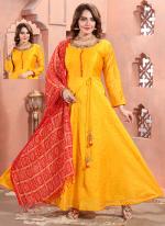 Golden Chanderi Silk Party Wear Hand Work Readymade Salwar Suit